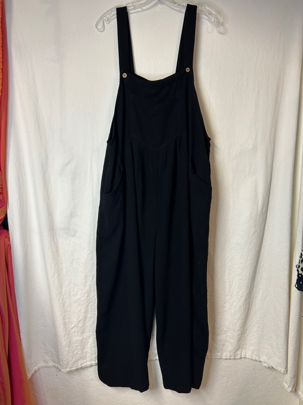 Black Wide-Leg Overalls Size 2XL  Linen Blend Adjustable